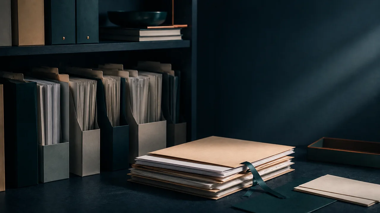 Archive shelf with unlabeled folders and blank paper stacks