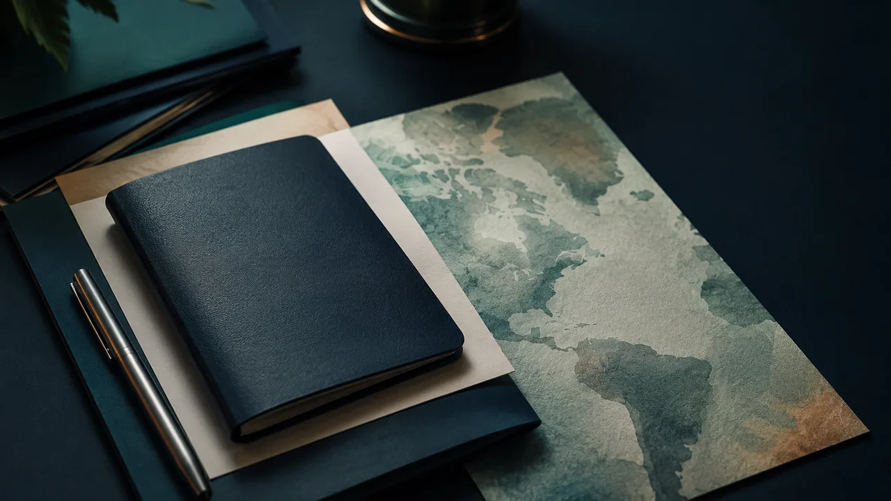 Unlabeled map desk with blank passport booklet for Germany & Europe immigration planning