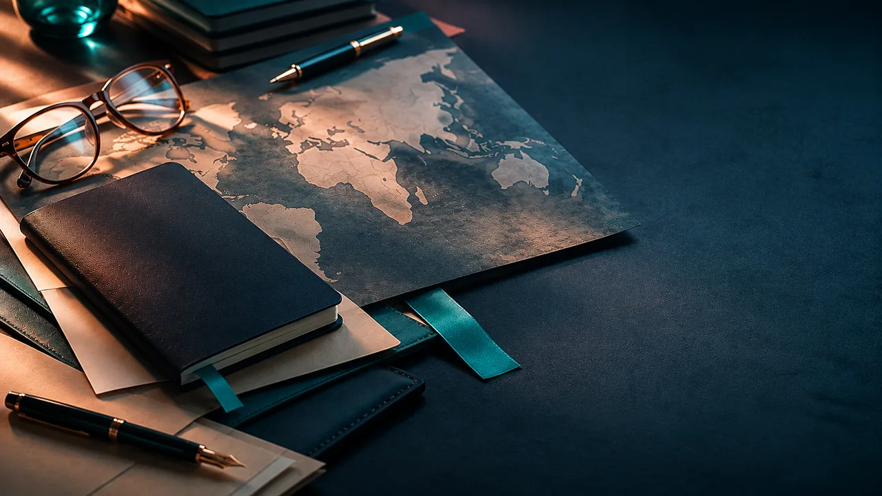 Unlabeled world map texture with blank passport booklet