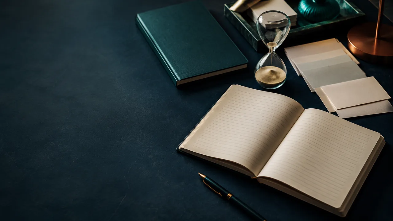 Blank research desk with planner, hourglass, and pen